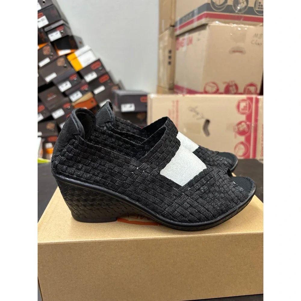Bernie Mev Lane Black Metallic Woven Wedge Sandals Size 38 US 7-7.5